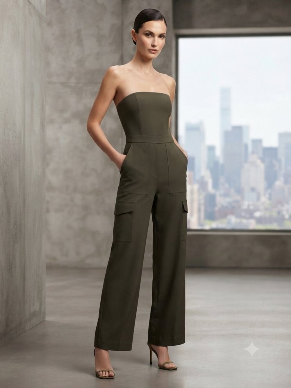 Wilfred Aritzia Cordial Strapless Cargo Jumpsuit Dark Olive Green 00 NWT
